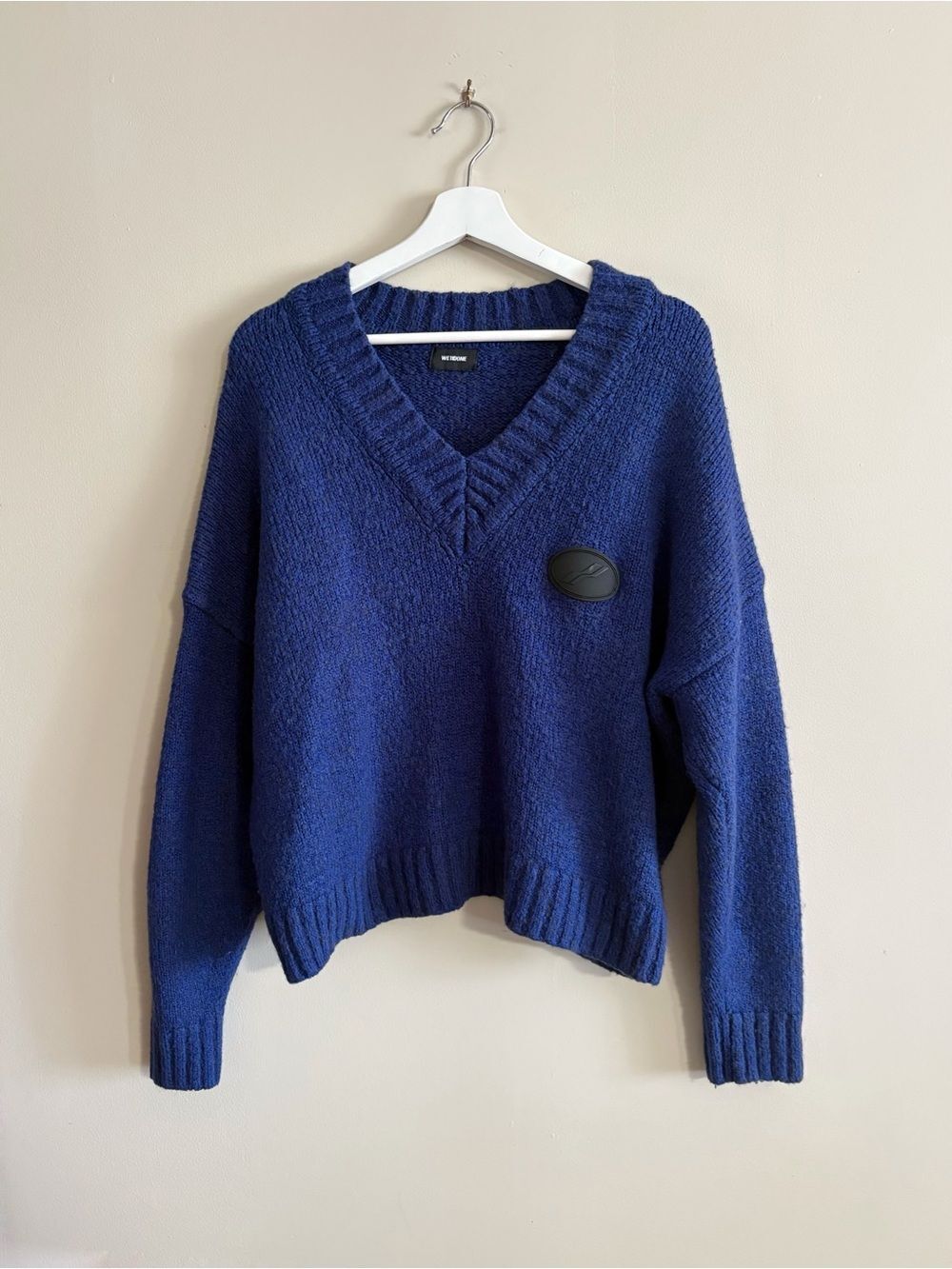 We11done Blue V-Neck Fuzzy Knit Sweater Women's S K-Pop Streetwear Y2K Grunge